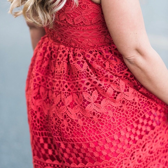 Red crochet lace maxi dress formal gown long - Picture 7 of 7